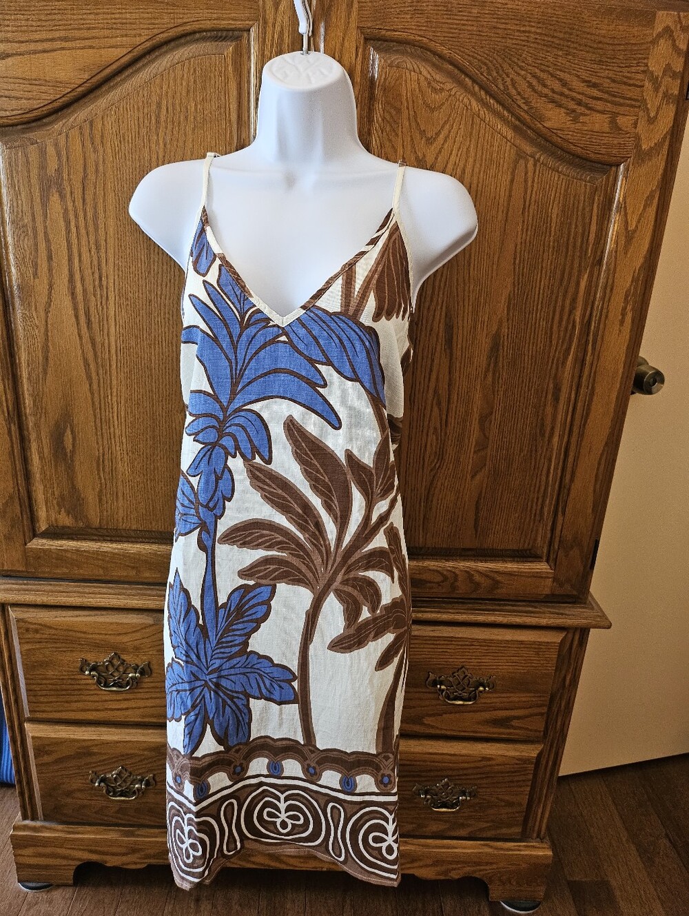 Sleeveless Blue & Brown Tropical Print Slip Dress!